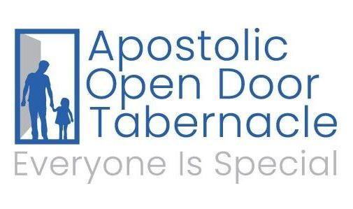 A blue and white logo for the apostolic open door tabernacle.